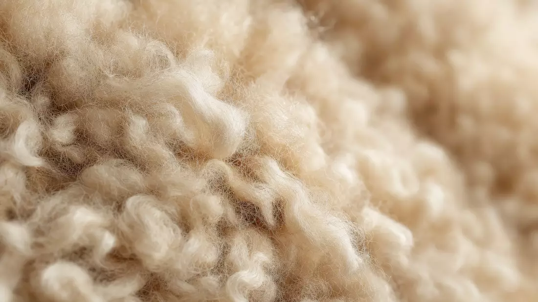 Extreme Nahaufnahme Schafwolle Textur cremeweiß mit warmem Seitenlicht