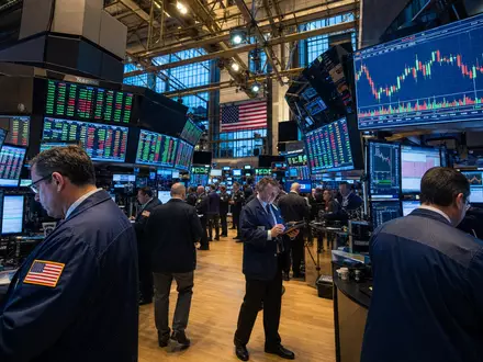 Deckers Outdoor Corp. NYSE Börsenparkett Händler mit Charts DECK S&P500 Monitore Börsensaal US2441991054 - Foto: THN