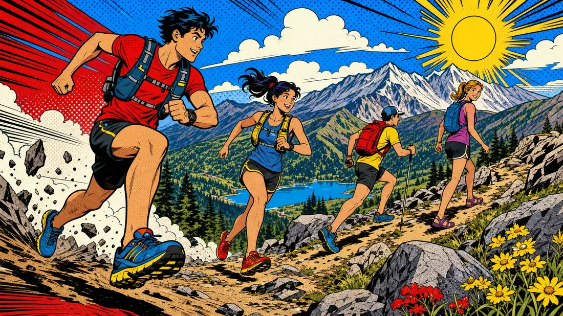 Pop-Art-Comic Trailläufer auf Bergpfad kräftige Farben Halbtonraster