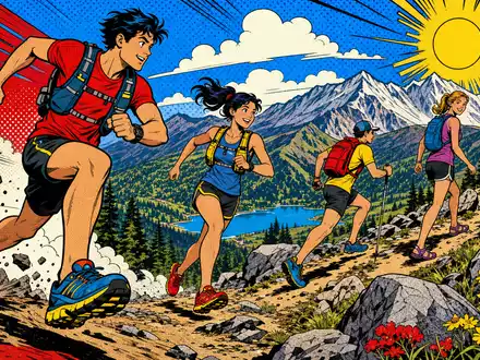 Deckers Outdoor Corp. farbige Pop-Art-Comic Outdoor-Abenteuer auf Bergpfad bunte Trailläufer Comicszene US2441991054 - Foto: THN