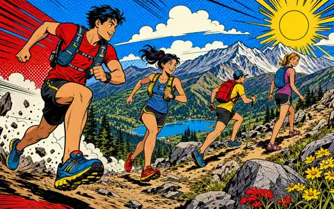 Deckers Outdoor Corp. farbige Pop-Art-Comic Outdoor-Abenteuer auf Bergpfad bunte Trailläufer Comicszene US2441991054 - Foto: THN