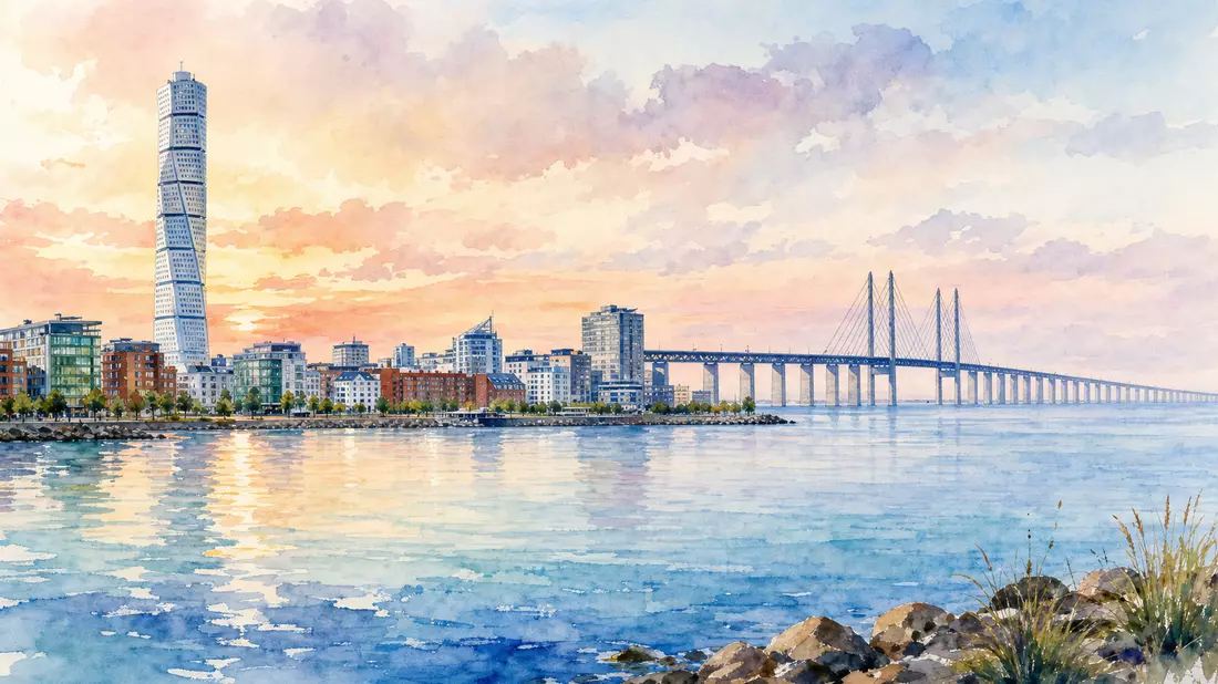 Aquarellmalerei der Malmö Skyline mit Öresundbrücke bei Sonnenuntergang