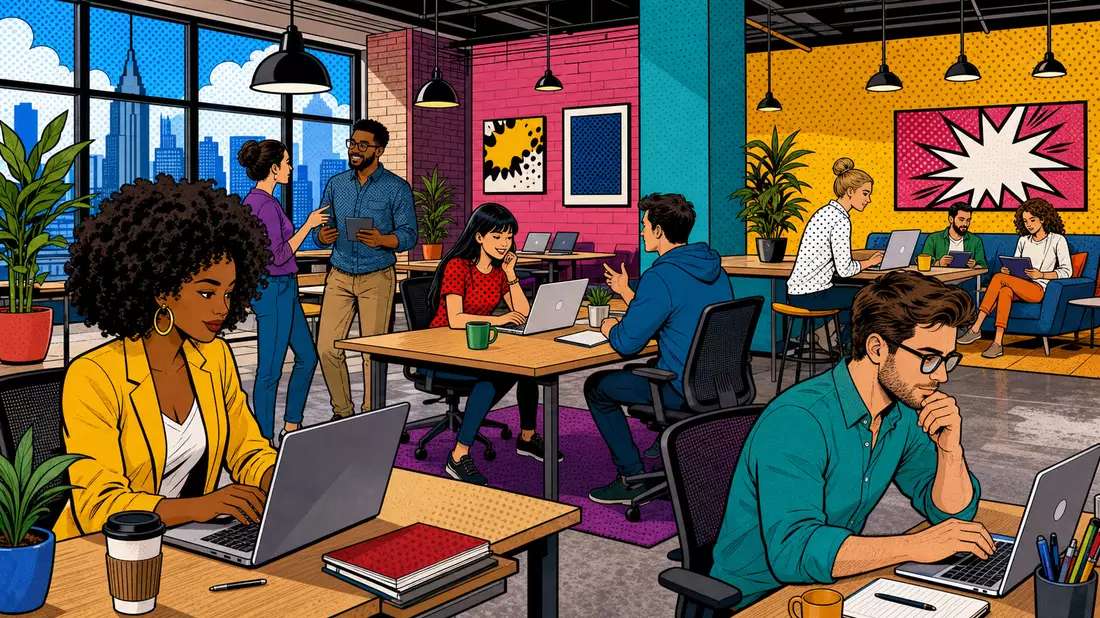 Pop-Art-Comic-Illustration eines bunten Coworking-Büros mit arbeitenden Menschen