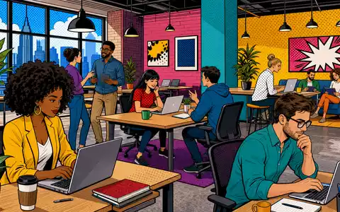 Wihlborgs Fastigheter AB (SE0011205196) vermietet moderne Coworking-Flächen, hier als farbenfrohe Pop-Art-Comic-Illustration gezeigt - Foto: THN