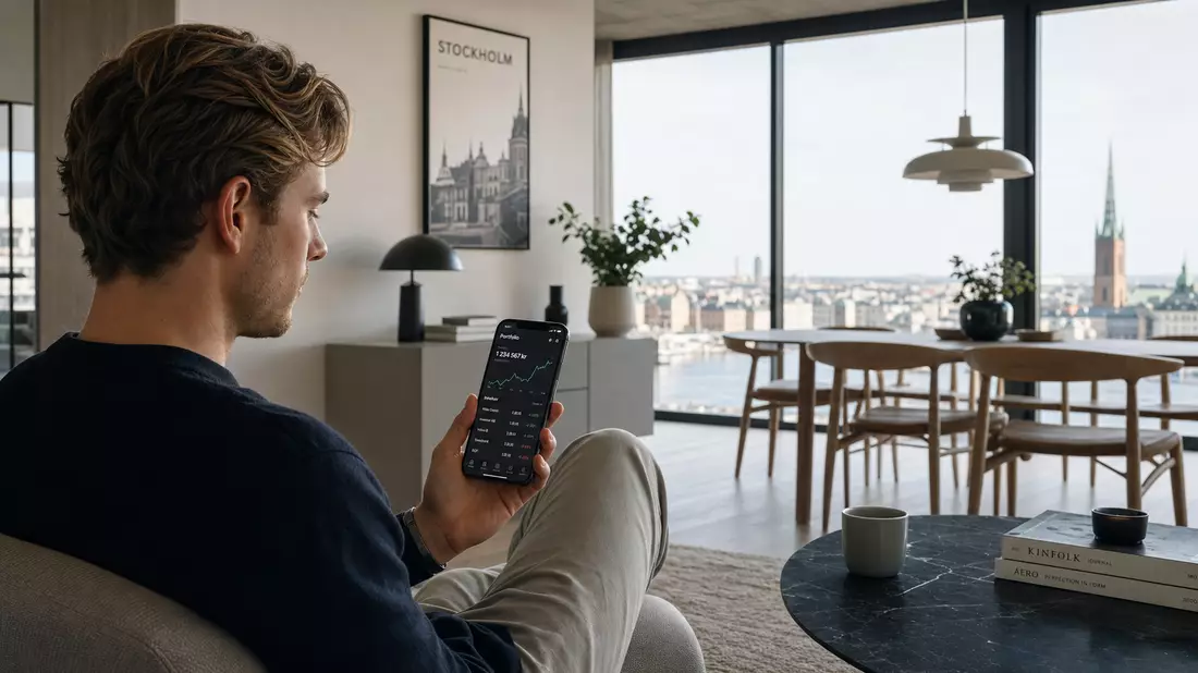 Mann betrachtet Depot-App auf Smartphone vor Stockholm-Skyline