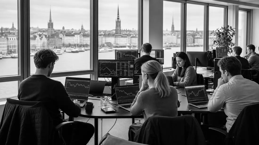 Schwarzweiß-Reportage: Analysten vor Börsenkurven-Bildschirmen in Stockholm