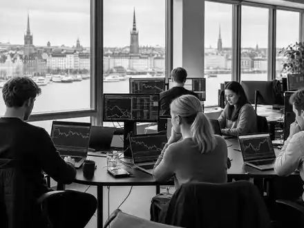 Schwarzweiß-Reportage aus Fintech-Büro mit Trading-Charts; Avanza Bank Holding AB (ISIN SE0012454072) prägt digitales Sparen - Foto: THN