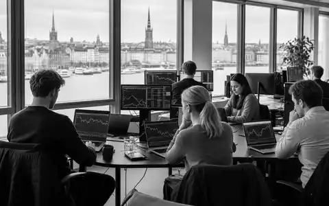 Schwarzweiß-Reportage aus Fintech-Büro mit Trading-Charts; Avanza Bank Holding AB (ISIN SE0012454072) prägt digitales Sparen - Foto: THN