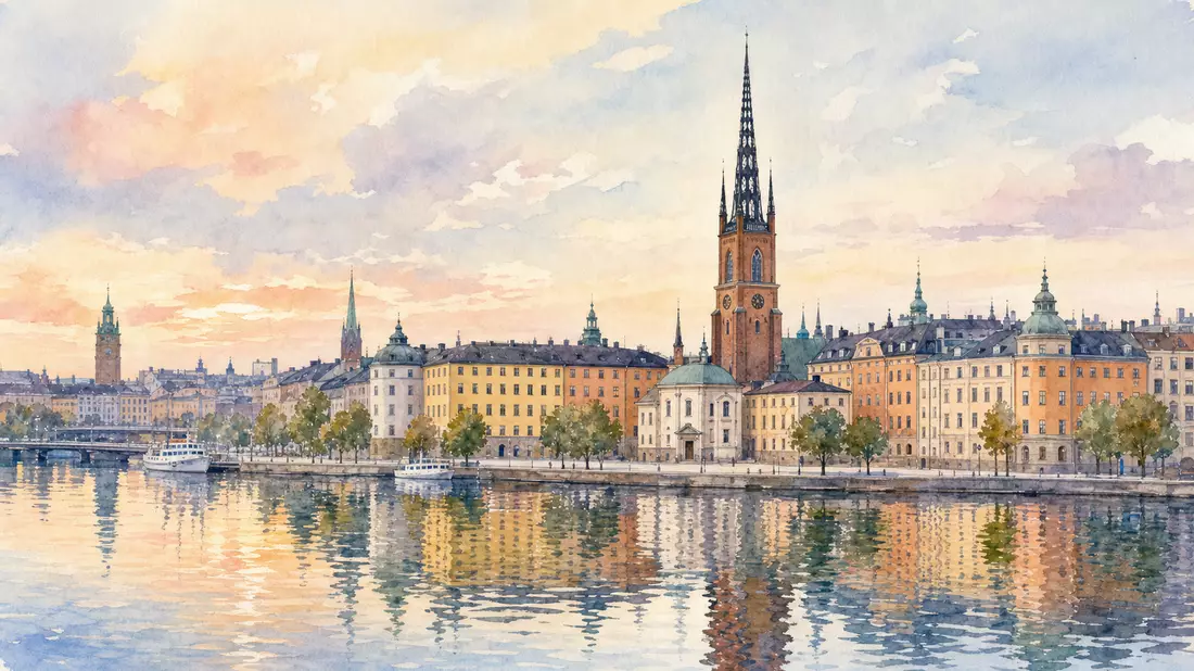 Aquarellmalerei der Stockholmer Altstadt mit Kirchturm und Wasserspiegelung