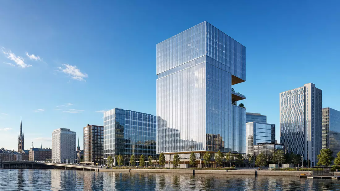 Architektur-Render eines modernen Glashochhauses im Finanzviertel von Stockholm