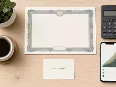 Flatlay mit Aktienzertifikat und ISIN-Karte symbolisiert Sparen; Avanza Bank Holding AB nutzt ISIN SE0012454072 - Foto: THN