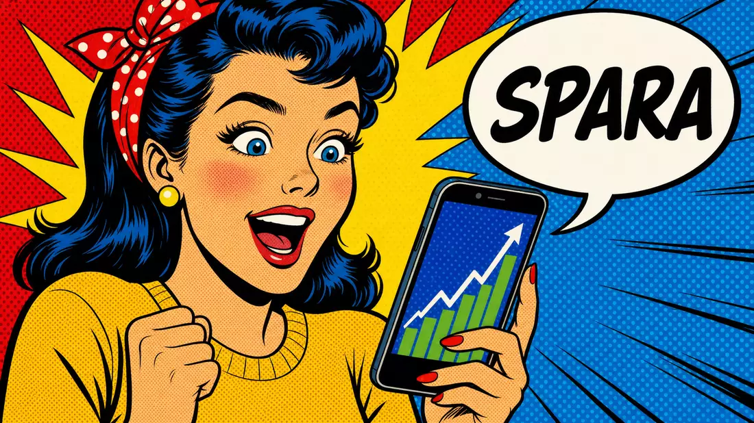 Pop-Art-Comic einer jubelnden Frau mit Smartphone und steigender Kurve