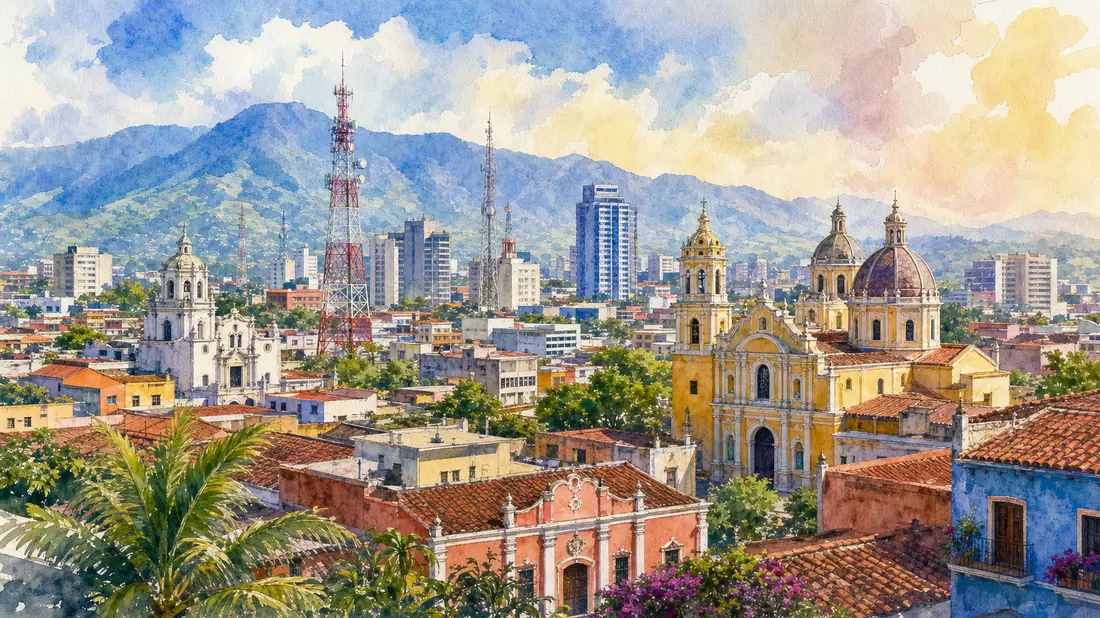 Aquarellbild einer lateinamerikanischen Stadtlandschaft mit Sendemast und Kolonialarchitektur
