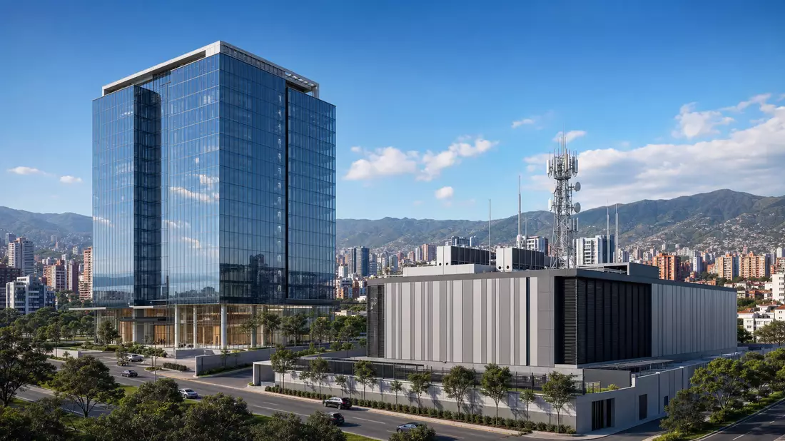 Architekturrender eines Glasbürogebäudes und Rechenzentrums mit Antennenmast
