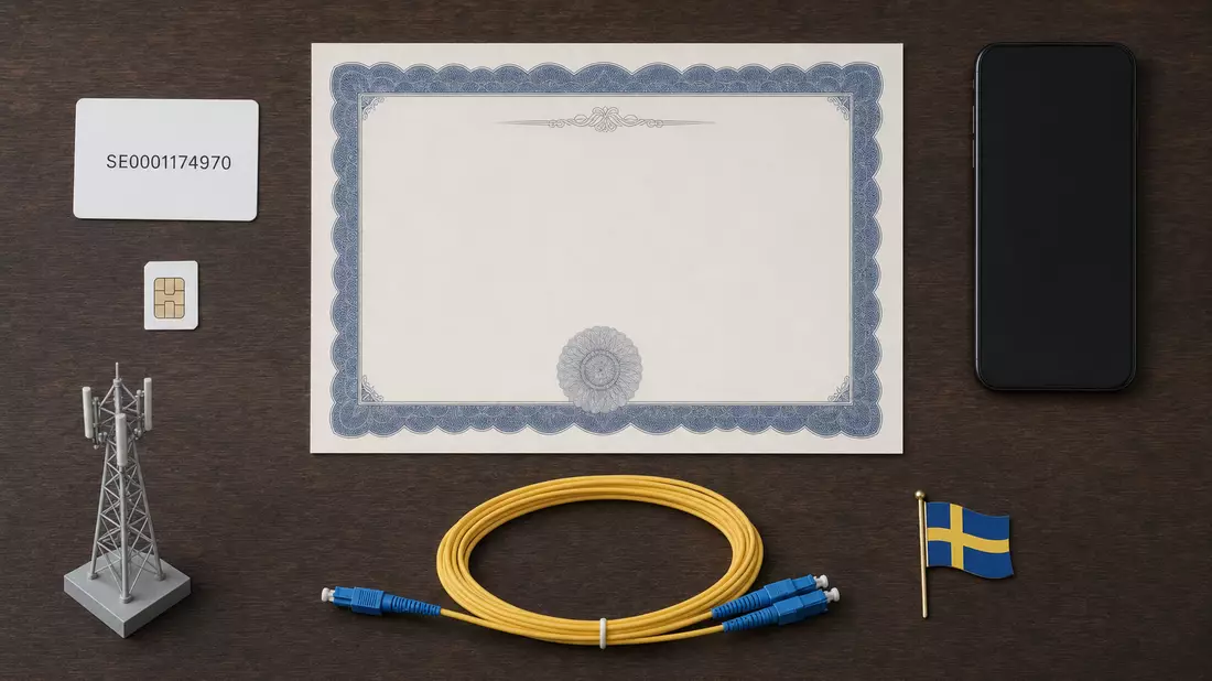 Flatlay von Aktienzertifikat, SIM-Karte, Antennenmodell und Glasfaserkabel auf Holztisch