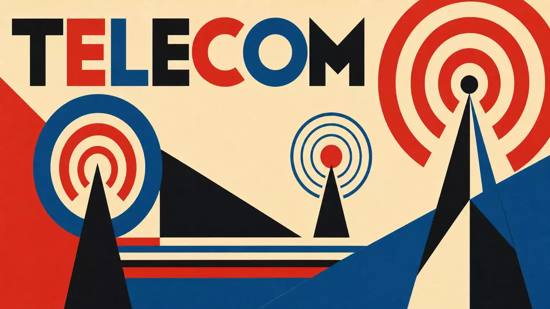 Bauhaus-Poster mit geometrischen Antennenformen und Schriftzug TELECOM in Rot-Blau-Schwarz
