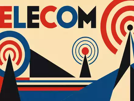 Millicom International Cellular SE0001174970 zeigt geometrisches Bauhaus-Poster mit Sendemast-Formen und dem Sektor-Schriftzug TELECOM - Foto: THN