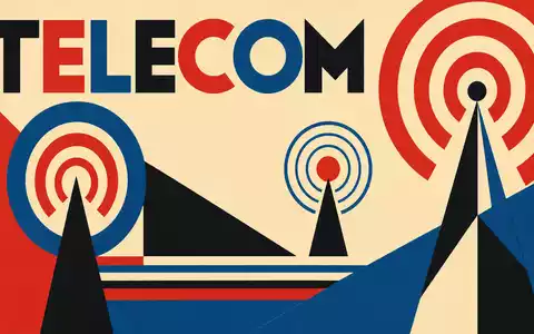 Millicom International Cellular SE0001174970 zeigt geometrisches Bauhaus-Poster mit Sendemast-Formen und dem Sektor-Schriftzug TELECOM - Foto: THN