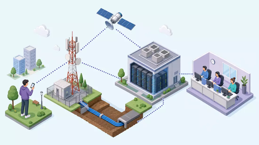 Isometrische 3D-Grafik der Telekom-Wertschöpfungskette von Antenne bis Callcenter