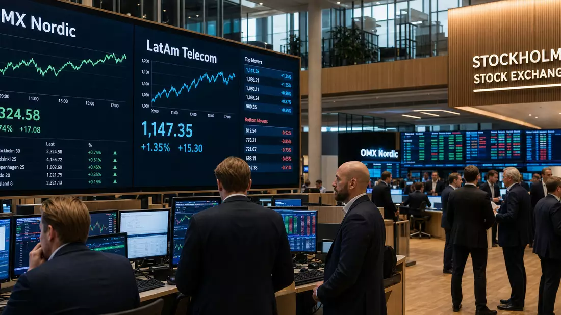 Trading-Floor in Stockholm mit Bildschirmen zu OMX Nordic und LatAm Telecom Kursen