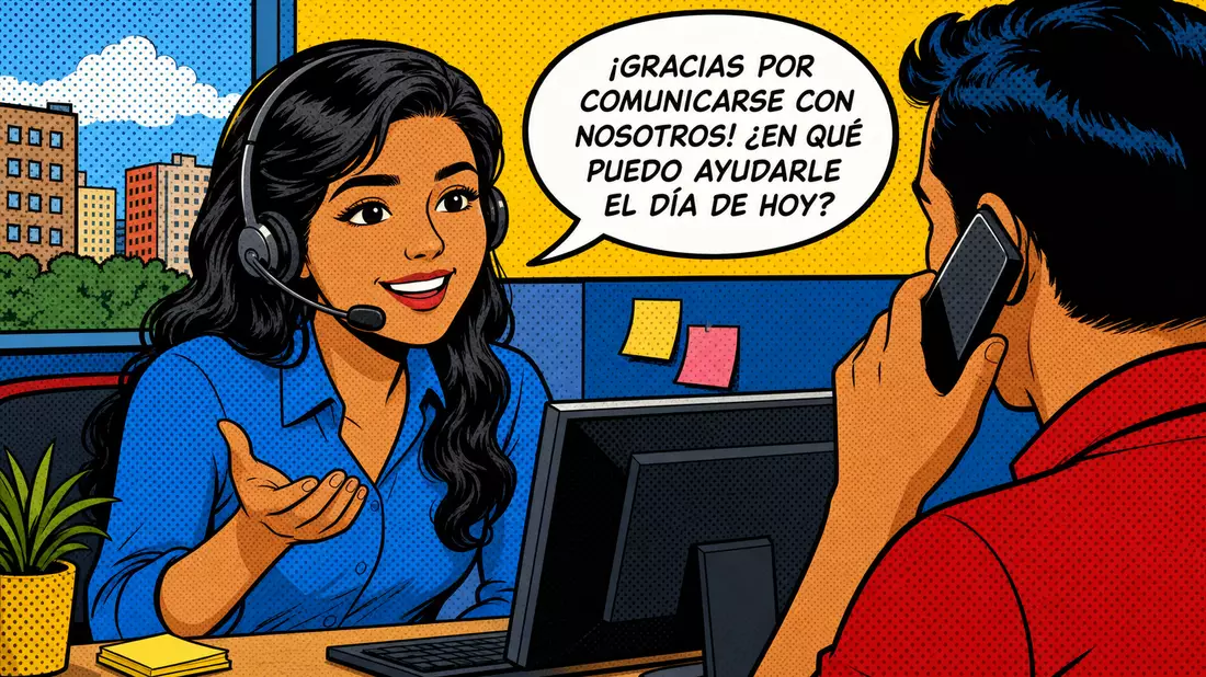 Pop-Art-Comic zeigt Callcenter-Agentin mit Headset im Gespräch mit Kunde