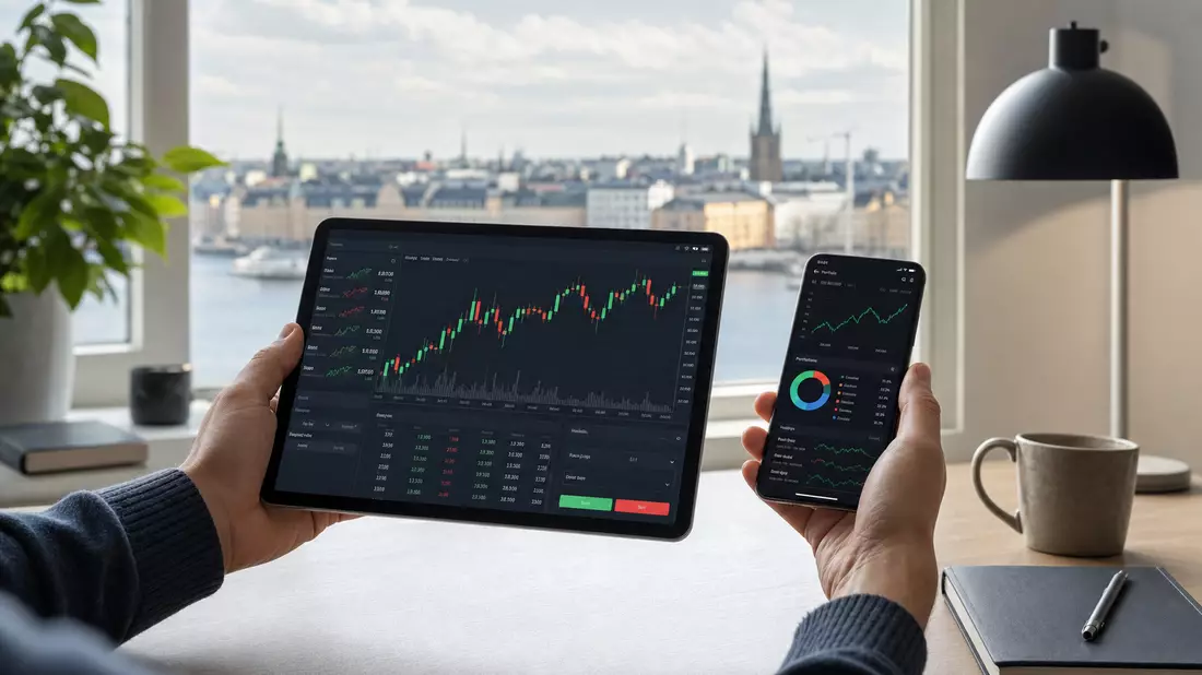 Moderne Trading-App auf Smartphone mit ETF-Charts vor Stockholm-Skyline im Hintergrund