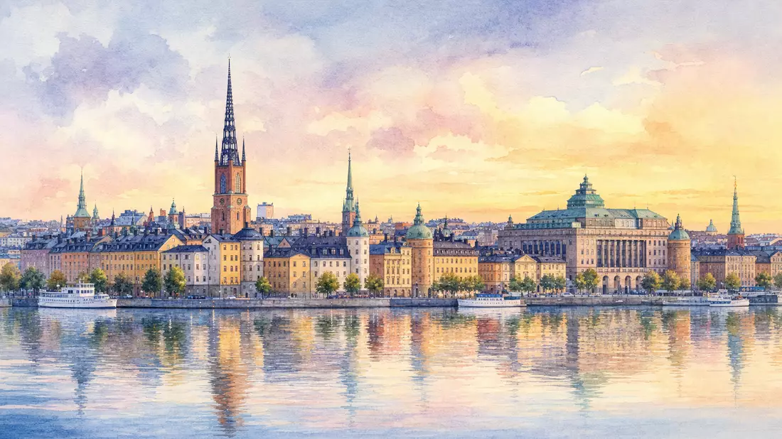 Aquarellmalerei der Stockholmer Skyline mit Börsengebäude am Wasser