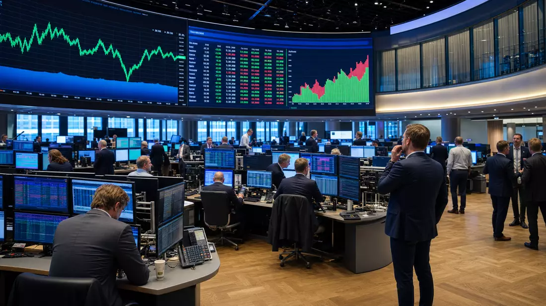 Trading-Floor mit großen Bildschirmen und OMX Nordic Indexzahlen im Editorial-Stil
