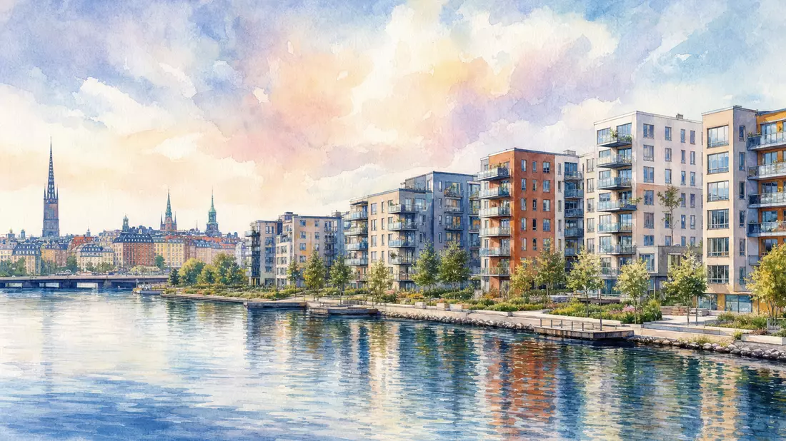 Aquarellmalerei von Wohngebäuden entlang eines Kanals in Stockholm mit pastelligem Himmel