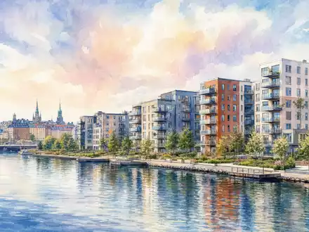 Wallenstam AB (ISIN SE0017780137) besitzt Wohnimmobilien in Stockholm, hier als stimmungsvolles Aquarell der Uferpromenade dargestellt - Foto: THN