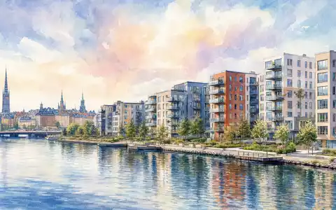 Wallenstam AB (ISIN SE0017780137) besitzt Wohnimmobilien in Stockholm, hier als stimmungsvolles Aquarell der Uferpromenade dargestellt - Foto: THN