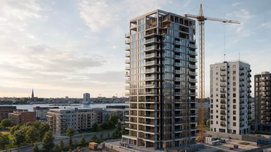 Architektur-Render eines neuen Wohnhochhauses im Bau in einer schwedischen Stadt