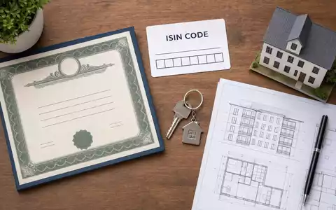 Wallenstam AB (ISIN SE0017780137) als Immobilieninvestment symbolisiert durch Aktienzertifikat, ISIN-Karte und Bauplan im Flatlay - Foto: THN