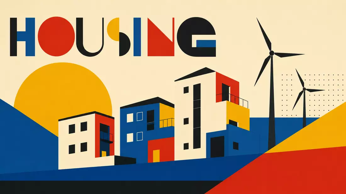 Bauhaus-Poster mit geometrischen Wohnhäusern, Windrädern und dem Wort HOUSING