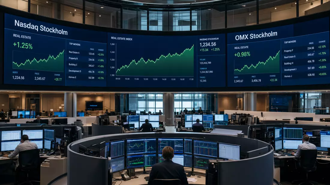 Trading-Floor mit Bildschirmen zu Nasdaq Stockholm und OMX Stockholm Immobiliencharts