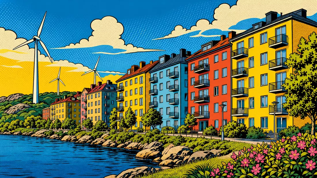 Pop-Art-Comic mit bunten schwedischen Wohnhäusern und Windrädern am Wasser