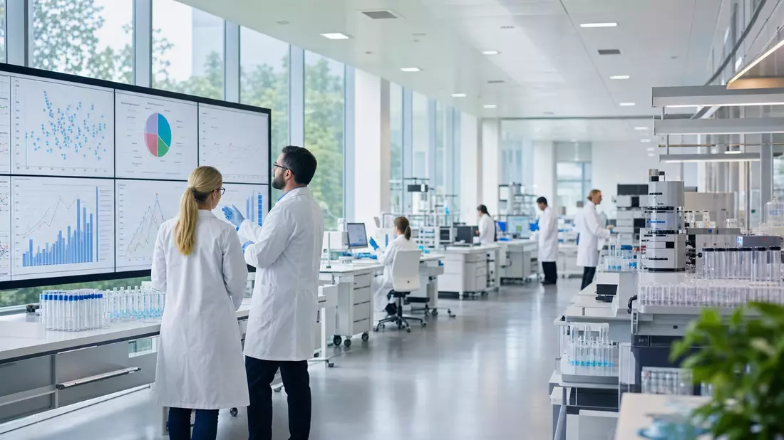 Modernes Pharmaforschungslabor mit Wissenschaftlern an Datenanalysesystemen