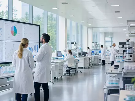 IQVIA Holdings betreibt ein modernes Pharmaforschungslabor US46266C1053 mit Wissenschaftlern an klinischen Datenanalysesystemen - Foto: THN