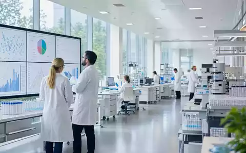 IQVIA Holdings betreibt ein modernes Pharmaforschungslabor US46266C1053 mit Wissenschaftlern an klinischen Datenanalysesystemen - Foto: THN