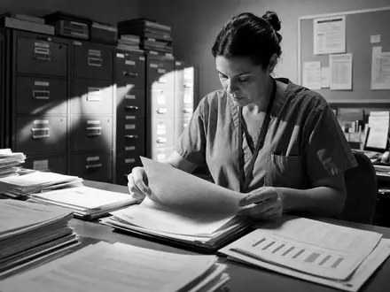 IQVIA Holdings zeigt Forschungskoordinatorin US46266C1053 beim Prüfen von Patientenakten in schwarzweißer Reportagefotografie mit hartem Licht - Foto: THN