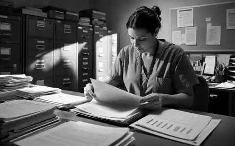IQVIA Holdings zeigt Forschungskoordinatorin US46266C1053 beim Prüfen von Patientenakten in schwarzweißer Reportagefotografie mit hartem Licht - Foto: THN