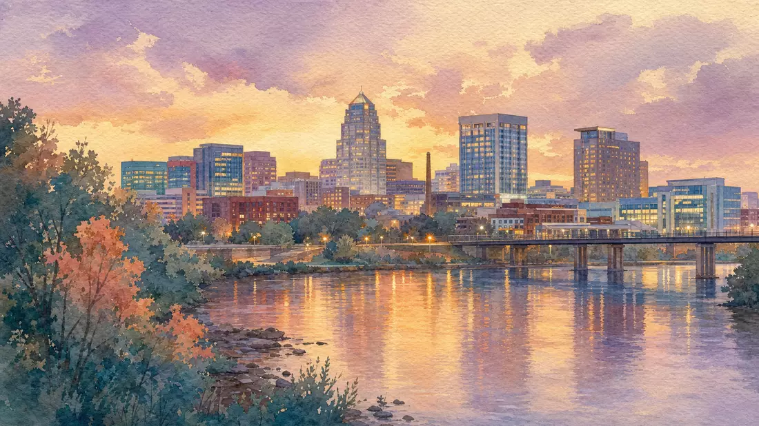 Aquarell-Stadtpanorama mit modernen Bürogebäuden und Flussreflexionen bei Sonnenuntergang