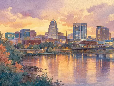 IQVIA Holdings Firmensitz US46266C1053 als sanftes Aquarell mit Flussreflexion und warmem Abendhimmel über der Stadt - Foto: THN