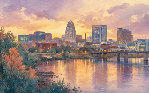 IQVIA Holdings Firmensitz US46266C1053 als sanftes Aquarell mit Flussreflexion und warmem Abendhimmel über der Stadt - Foto: THN