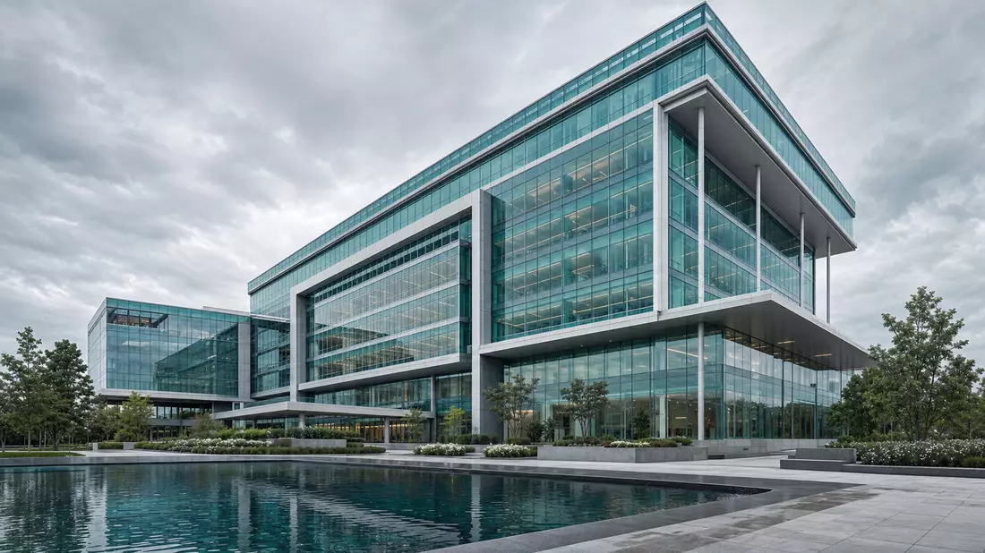 Architektur-CGI eines modernen Glashochhauses für Gesundheitsdatenanalytik mit Wasserplatz