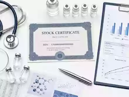 IQVIA Holdings Aktien Flatlay US46266C1053 zeigt Zertifikat Stethoskop Reagenzgläser und klinische Studiendaten auf weißem Untergrund - Foto: THN