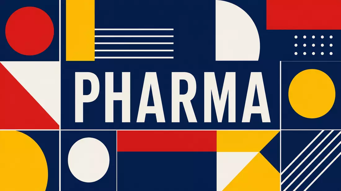 Bauhaus-Poster mit PHARMA-Text geometrischen Formen und Primärfarben im Modernismus-Stil