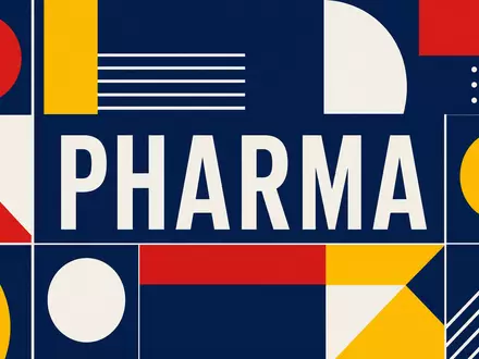 IQVIA Holdings Sektor Pharmadienstleistungen US46266C1053 als Bauhaus Poster mit PHARMA Schriftzug in kräftigen Primärfarben - Foto: THN