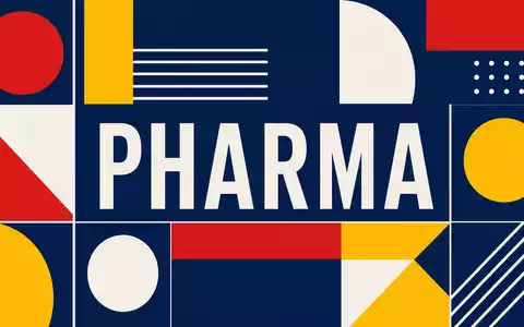 IQVIA Holdings Sektor Pharmadienstleistungen US46266C1053 als Bauhaus Poster mit PHARMA Schriftzug in kräftigen Primärfarben - Foto: THN