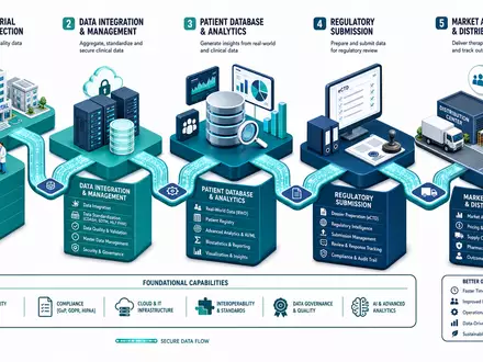 IQVIA Holdings Wertschöpfungskette US46266C1053 als isometrisches 3D Prozessdiagramm von klinischer Studie bis Marktdistribution - Foto: THN